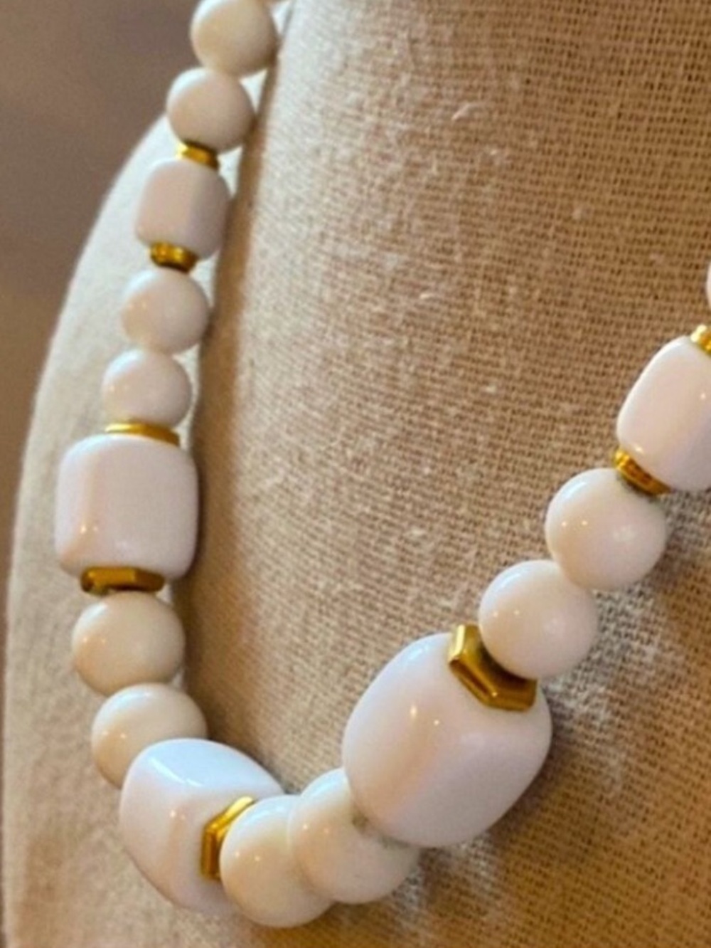Trifari White and Gold Beaded Necklace Vintage Signed 16” L